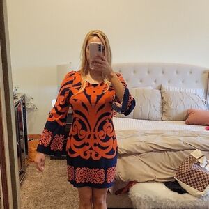 Orange and Navy Patterned Dress